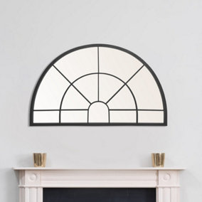 Black Dacorate Window Pane Half Circle Wall Mount Framed Mirror Indoor Outdoor Garden W 1000x H 600mm