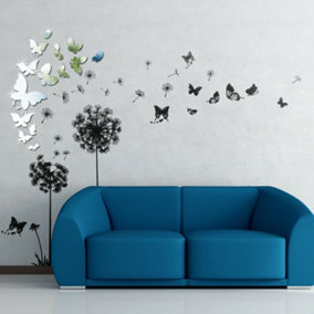 Black Dandelion and Mirror Butterflies Mirror Stickers Nursery Home Decoration Gift Ideas 45 pieces