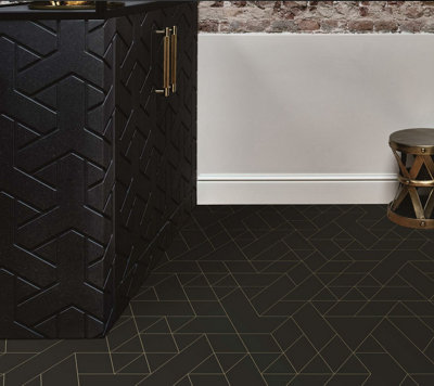 Black Designer Effect Anti-Slip Vinyl Flooring for Kitchen, Conservatory & Dining Room 2m X 3m (6m²)