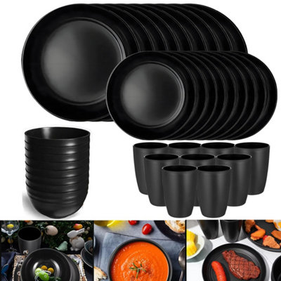 Black Dinnerware Bowl Plates PP Round Dinner Set Tableware 32PCS/SET