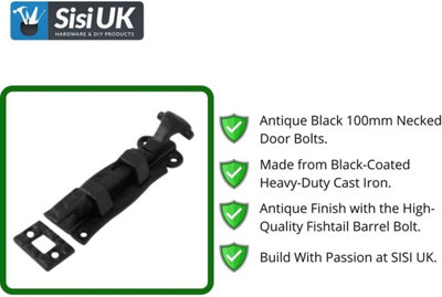 Black Door Bolt Necked 100mm Cast Iron Ornate Antique Fish Tail Bolt for Gates & Doors Durable Iron Door Bolt with Cranked Lock x1