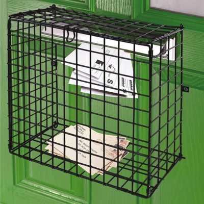 Black Door Mounted Letterbox Cage with Flip Lid - Home or Office Mail Box Post Catcher Guard - Measures 30 x 33 x 14cm