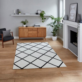 Black Easy to Clean Modern Geometrical Rug for Living Room, Bedroom, Dining Room - 120cm X 170cm