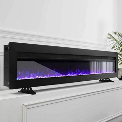 Black Electric Fire Fireplace Wall Mounted or Inset Heater 12 Flame Colors with Freestanding Leg 60 Inch