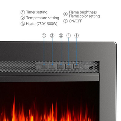Black Electric Fire Fireplace Wall Mounted or Inset Heater 12 Flame Colors with Freestanding Leg 60 Inch