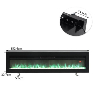 Black Electric Fire Fireplace Wall Mounted or Inset Heater 12 Flame Colors with Freestanding Leg 60 Inch