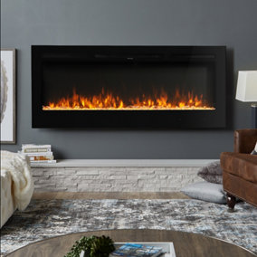 Black Electric Fire Fireplace Wall Mounted or Inset Heater 9 Flame Colors with Remote Control 60 Inch