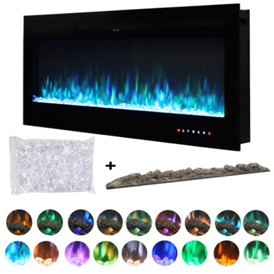 Black Electric Fire Fireplace Wall Mounted or Inset Heater 9 Flame Colors with Remote Control 60 Inch
