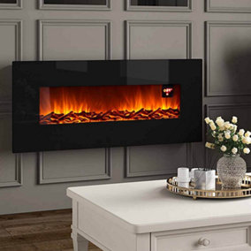 Black Electric Fire Wall Mounted Fireplace Temperature Adjustable 50 Inch