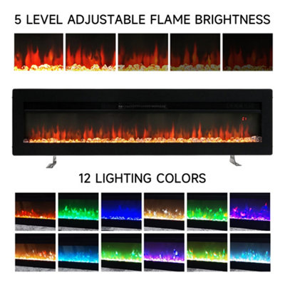 Black Electric Fire Wall Mounted or Inset Fireplace 12 Flame Color Adjustable with Freestanding Legs 70 Inch