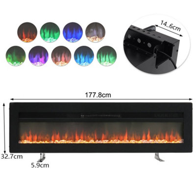 Black Electric Fire Wall Mounted or Inset Fireplace 12 Flame Color Adjustable with Freestanding Legs 70 Inch