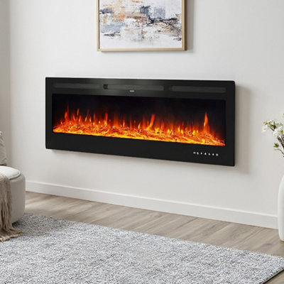BETELNUT 60" Electric Fireplace Wall Mounted And Recessed With Remote Control, 750/1500W Ultra-Thin Wall Fireplace Heater W/Timer Adjustable Flame Color And Brightness, Log Set & Crystal Options