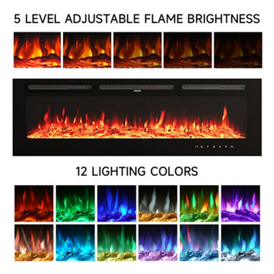 Black Electric Fire Wall Mounted or Recessed Fireplace Heater 12 Flame Colors Adjustable with Remote Control 70 Inch