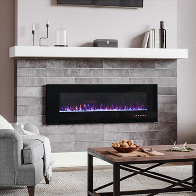 BETELNUT 60" Electric Fireplace Wall Mounted And Recessed With Remote Control, 750/1500W Ultra-Thin Wall Fireplace Heater W/Timer Adjustable Flame Color And Brightness, Log Set & Crystal Options