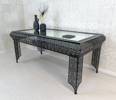 Black Embossed Metal Mirrored Glass Coffee Table - Agadir Range