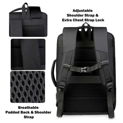 Black Expandable Backpack USB Port Nylon Travel Rucksack Fits 15.6 ...