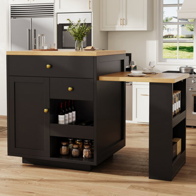Black Extendable Kitchen Island with Integrated Storage & Dining Table