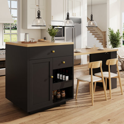 Black Extendable Kitchen Island with Integrated Storage & Dining Table