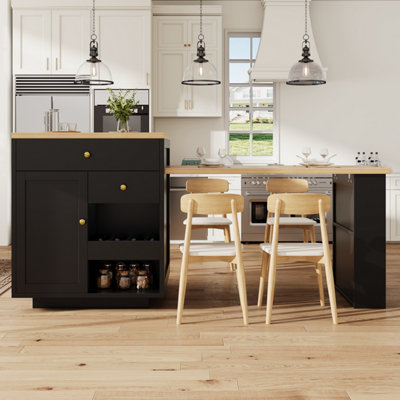 Black Extendable Kitchen Island with Integrated Storage & Dining Table