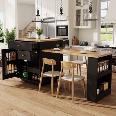 Black Extendable Kitchen Island with Integrated Storage & Dining Table