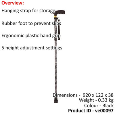 Black Extendable Walking Stick with Plastic Handle - Engraved Pattern - Foldable
