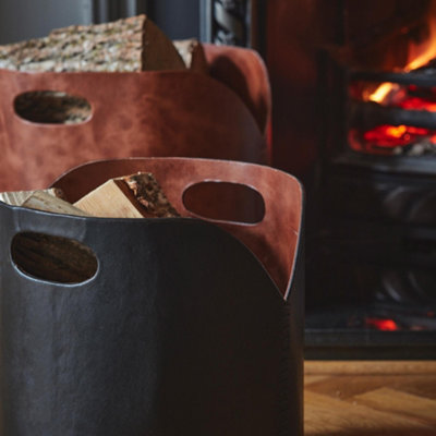 Black Faux Leather Log Bucket H30cm W40cm - 4