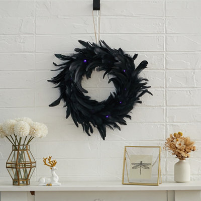 Black Feather Artificial Halloween Wreath Battery Operated with LED Light String