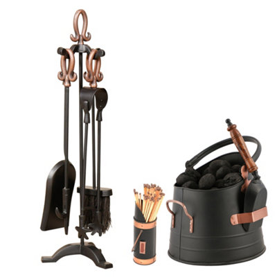 Black Fireplace 5pcs Tools Fireside Companion Set with Coal Bucket and Match Canister