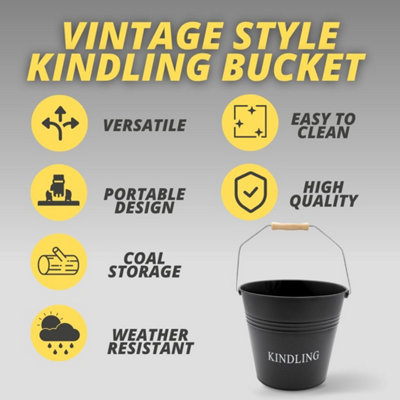 Black Fireside Kindling Bucket - Vintage Style Weather Resistant Fireplace Wood Burner Coal Storage Bucket - 3