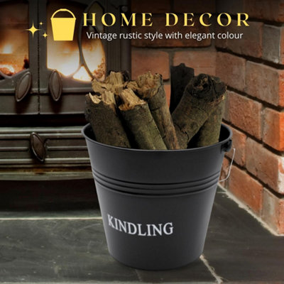 Black Fireside Kindling Bucket - Vintage Style Weather Resistant Fireplace Wood Burner Coal Storage Bucket - 5