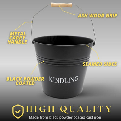 Black Fireside Kindling Bucket - Vintage Style Weather Resistant Fireplace Wood Burner Coal Storage Bucket - 6