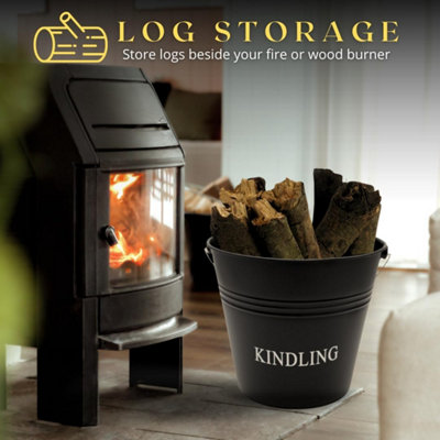 Black Fireside Kindling Bucket - Vintage Style Weather Resistant Fireplace Wood Burner Coal Storage Bucket - 7