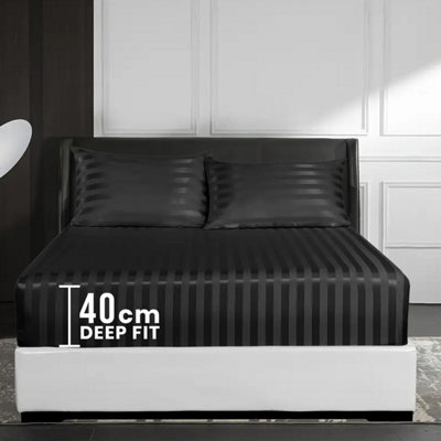Black Fitted Sheet Soft Anti Allergy Super King Size 40cm Extra Deep Stripe Bed Sheets Easy Care Washable