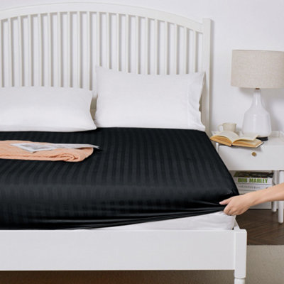 Black Fitted Sheet Soft Anti Allergy Super King Size 40cm Extra Deep Stripe Bed Sheets Easy Care Washable