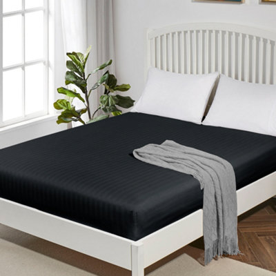 Black Fitted Sheet Soft Anti Allergy Super King Size 40cm Extra Deep Stripe Bed Sheets Easy Care Washable
