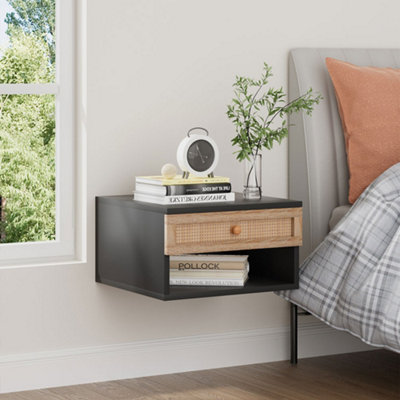 Black Floating Bedroom Nightstand with Pseudo-rattan Drawer 40cm x 40cm x 23cm