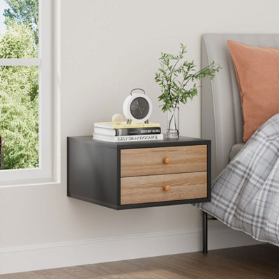 Black Floating Bedroom Nightstand with Two Drawers 40cm W x 40cm D x 23cm H