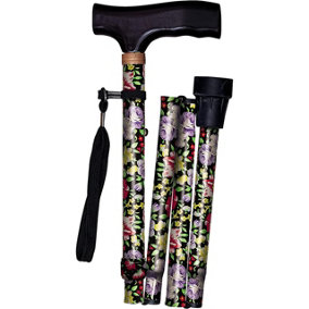 Black Floral Folding Walking Cane - Height Adjustable Mobility & Balance Aid with Ergonomic Wooden Handle & Safety Wrist Strap
