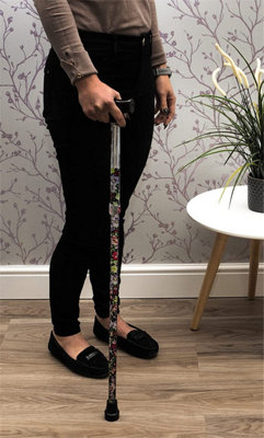 Black Floral Folding Walking Cane - Height Adjustable Mobility & Balance Aid with Ergonomic Wooden Handle & Safety Wrist Strap