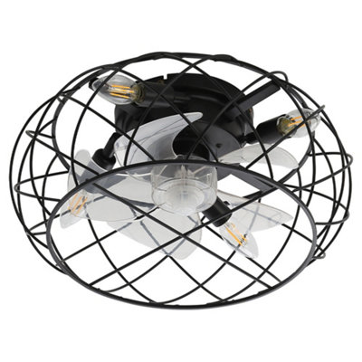 Black Flush Mount Cage Ceiling Fan Light with Remote Control 17 Inch