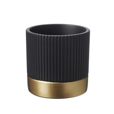 Black Fluted Ceramic Indoor Plant Pot with Gold Base (H12 x Dia. 12cm)