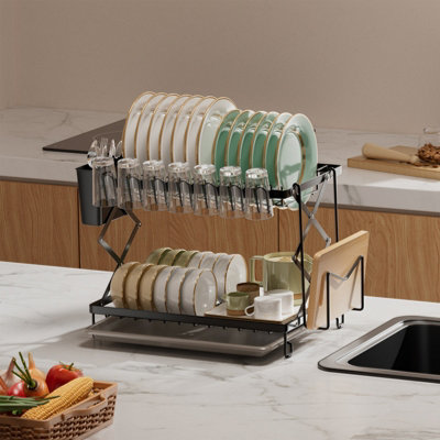 Black Foldable 2-Tier Dish Drying Rack with a Drip Tray
