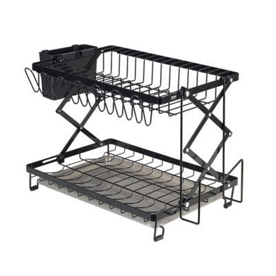 Black Foldable 2-Tier Dish Drying Rack with a Drip Tray