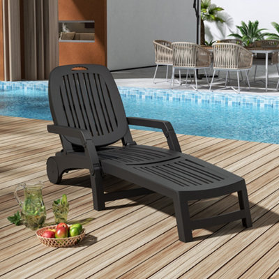 Black Foldable Garden Sun Lounge Plastic Lounger Recliner Armchair with Wheels