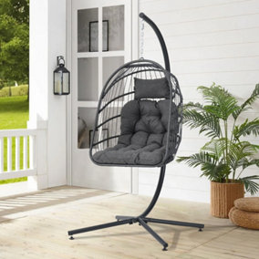 Black Foldable Rattan Egg Swing Chair Garden Relaxing Hanging Chair with Metal Stand and Cushions 195 cm