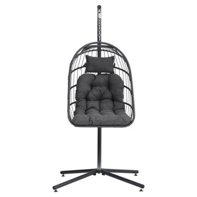 Black Foldable Rattan Egg Swing Chair Garden Relaxing Hanging Chair with Metal Stand and Cushions 195 cm