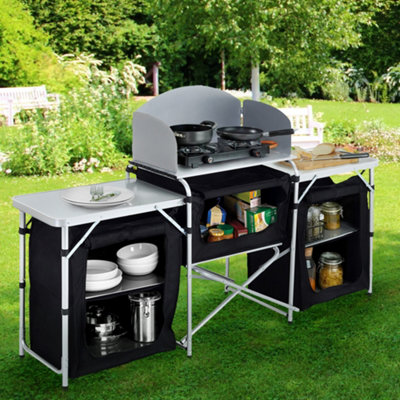Black Folding Portable Camping Kitchen Stand Unit Storage for Outdoor BBQ Picnic Cooking 175cm W