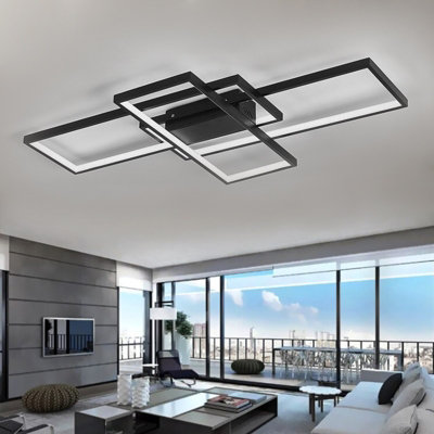 Black Frame Modern Rectangular LED Semi Flush Ceiling Light Fixture 110cm Dimmable with Remote