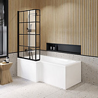Black Framed 1700mm L Shape Complete Shower Bath Left Hand inc 15mm Bath Panel, Black Framed L Shape Screen