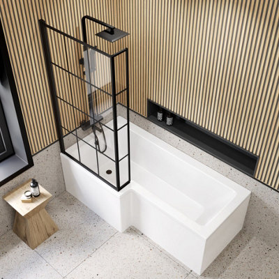 Black Framed 1700mm L Shape Complete Shower Bath Left Hand inc 15mm Bath Panel, Black Framed L Shape Screen